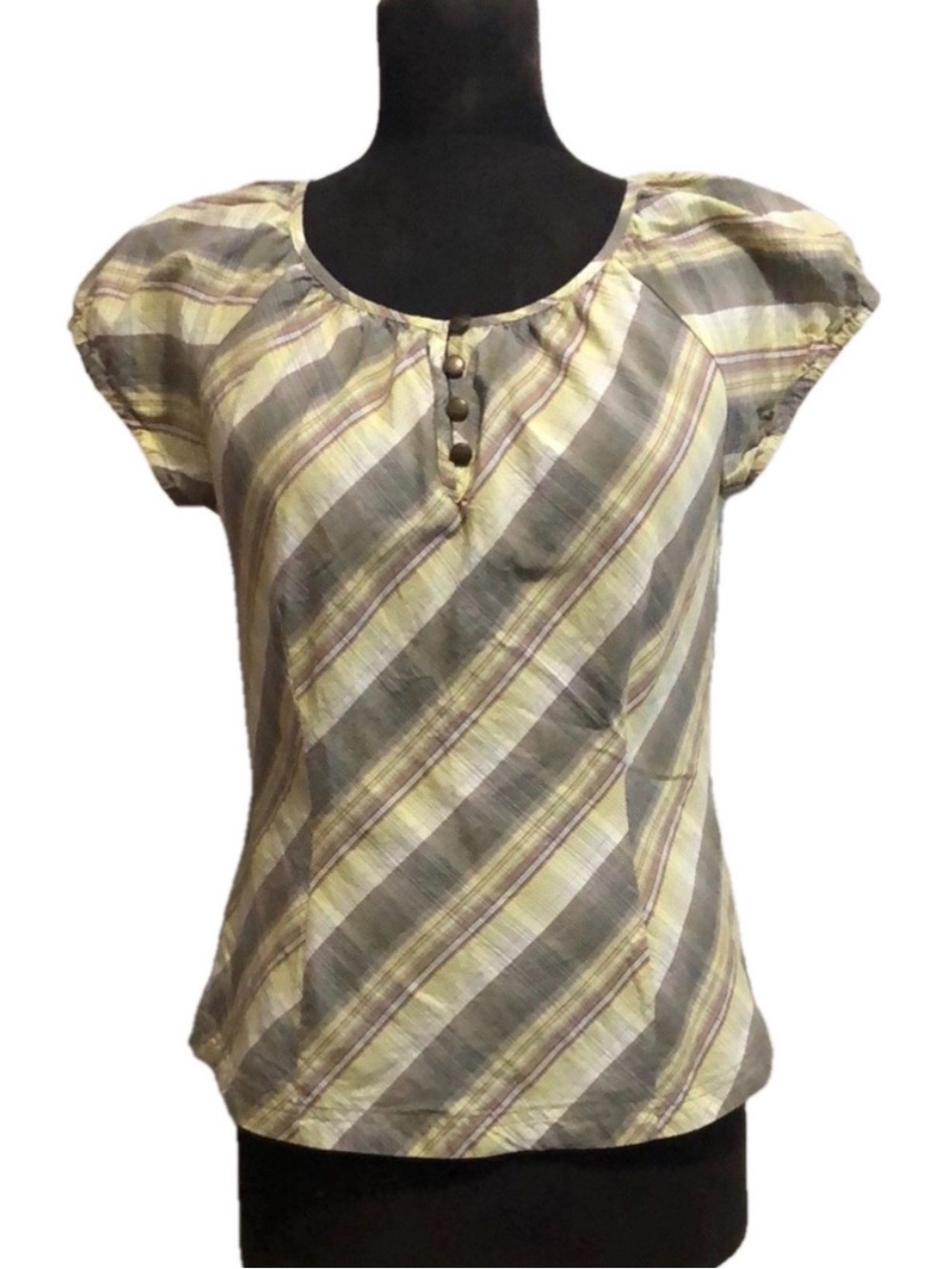 Soyaconcept Yellow/White/Grey Plaid Puff Sleeve Blouse, Size Medium